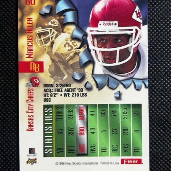 1996 Fleer Metal Football #60 Marcus Allen Kansas City Chiefs HOF - Picture 2 of 2